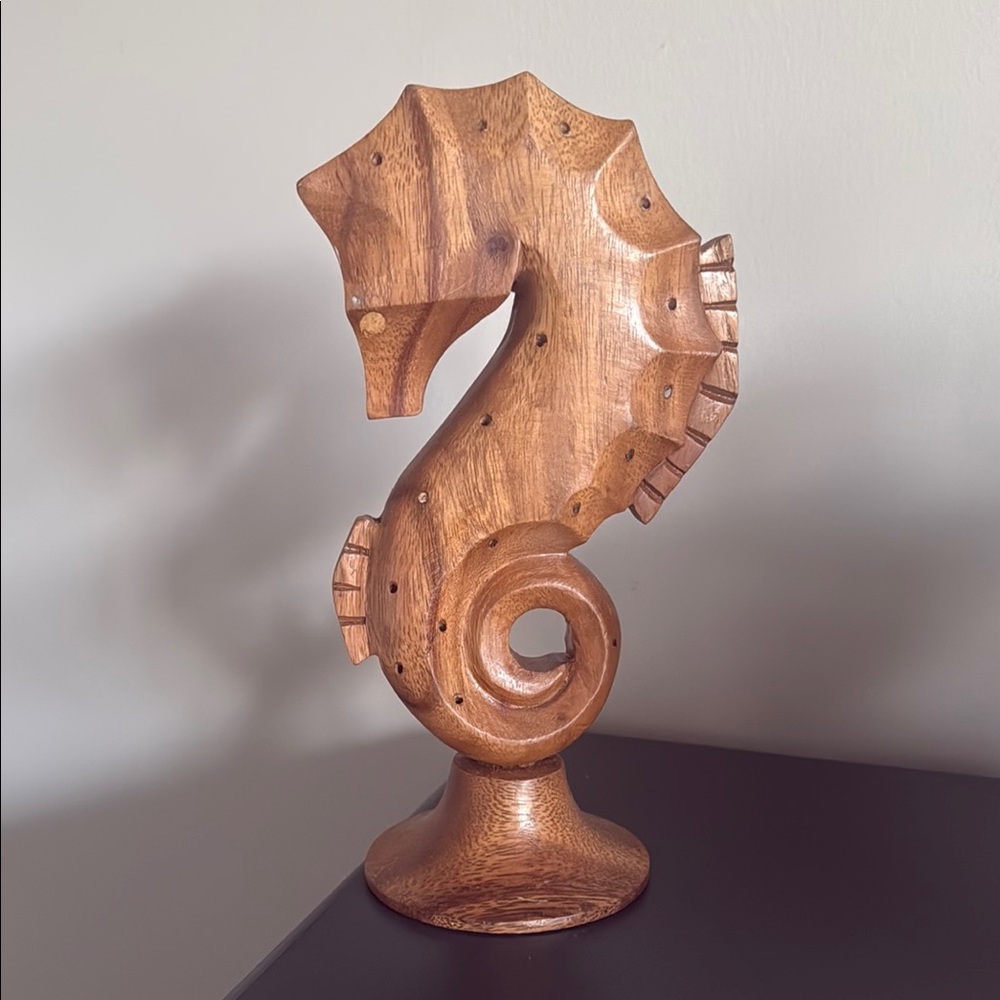 Vintage Handcrafted monkey Pod Wooden Seahorse Sculpture